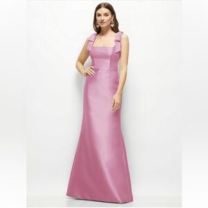 Dessy Group - Fit and Flair Maxi Dress with Shoulder Bows - Size 6 Powder Pink